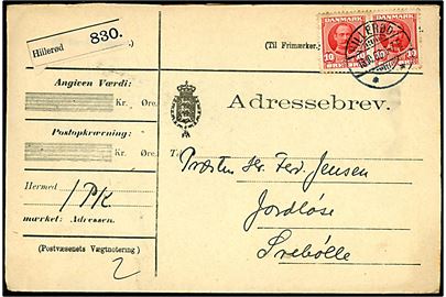 10 øre Fr. VIII i parstykke på adressebrev for pakke fra Hillerød d. 18.10.1909 til Jordløse pr. Svebølle. 