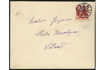 10 øre Fr. VIII (- hj. tak) på brev annulleret med stjernestempel GJERUM og sidestemplet på bagsiden Frederikshavn 14.3.1908 til Maribo Børnehjem. 