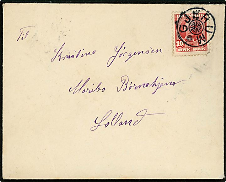 10 øre Fr. VIII (- hj. tak) på brev annulleret med stjernestempel GJERUM og sidestemplet på bagsiden Frederikshavn 14.3.1908 til Maribo Børnehjem. 