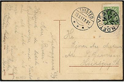5 øre Chr. X på brevkort annulleret med stjernestempel VESTER-VANDET og sidestemplet Thisted d. 23.3.1917 til Hvidbjerg St. 