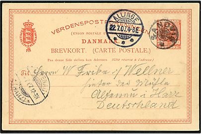 10 øre Fr. VIII helsagsbrevkort (EB 22) annulleret med stjernestempel SANDVIG og sidestemplet Allinge d. 22.07.1907 til Tyskland. 