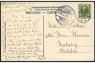 5 øre Fr. VIII på brevkort annulleret med stjernestempel SANDBY og sidestemplet bureau Nykøbing S - Holbæk 23.09.1907 T.?, til Skjelskør. 