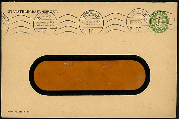 Statstelegrafvæsenet 10 øre helsags-rudekuvert Form Nr. 348-9-22 sendt lokalt i København d. 18.12.1922.