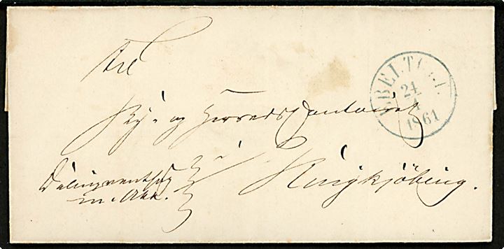1861. Ufrankeret tjenestebrev mærket Deliquentsag med blåligt antiqua Ebeltoft d. 24.4.1861 til Ringkjøbing.