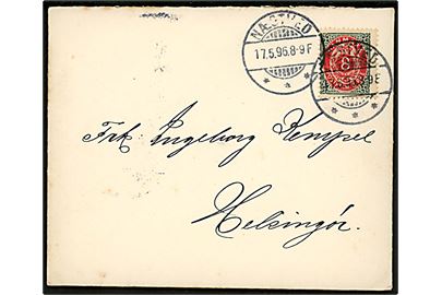 8 øre Tofarvet omv. rm. på brev fra Næstved d. 17.5.1896 til Helsingør.