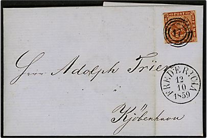 4 sk. 1858 udg. på brev med fuldt indhold annulleret med nr.stempel 17 og sidestemplet antiqua Fredericia d. 12.10.1859 til Kjøbenhavn.