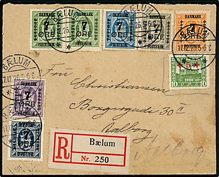 10+5 øre Røde Kors Provisorium og komplet sæt 7 øre Provisorium på anbefalet brev fra Bælum d. 17.12.1926 til Aalborg. Høj mærkeværdi.