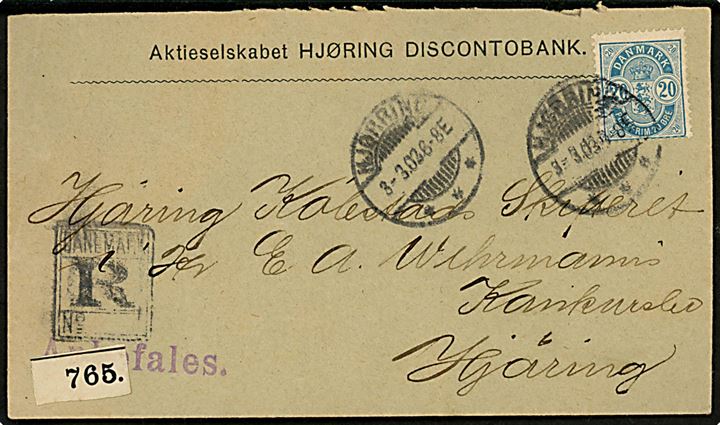 20 øre Våben single på anbefalet lokalbrev i Hjørring d. 3.3.1903. Interessant provisorisk rec.-etiket 765 og Rec-stempel. 