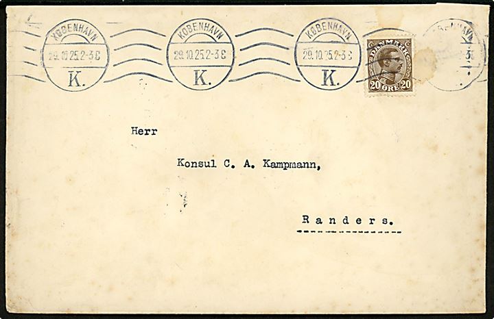 20 øre Chr. X single på fortrykt kuvert fra Komitéen for Danmarks Hjælp til faderløse franske Børn fra København d. 29.10.1925 til Randers.