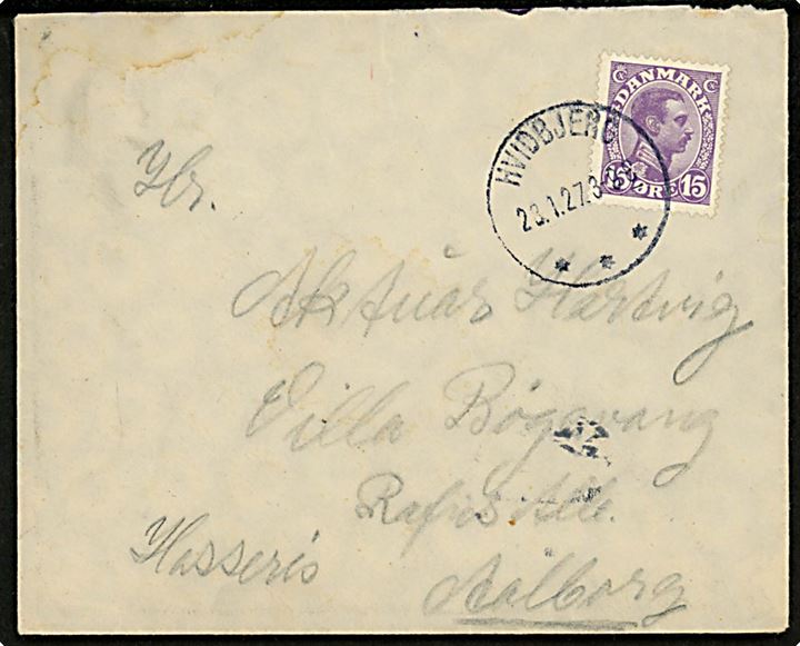 15 øre Chr. X på brev annulleret med brotype IIIb Hvidbjerg d. 23.1.1927 til Aalborg.