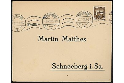 40 øre Genforening single på brev fra København d. 12.9.1921 til Schneeberg, Tyskland.