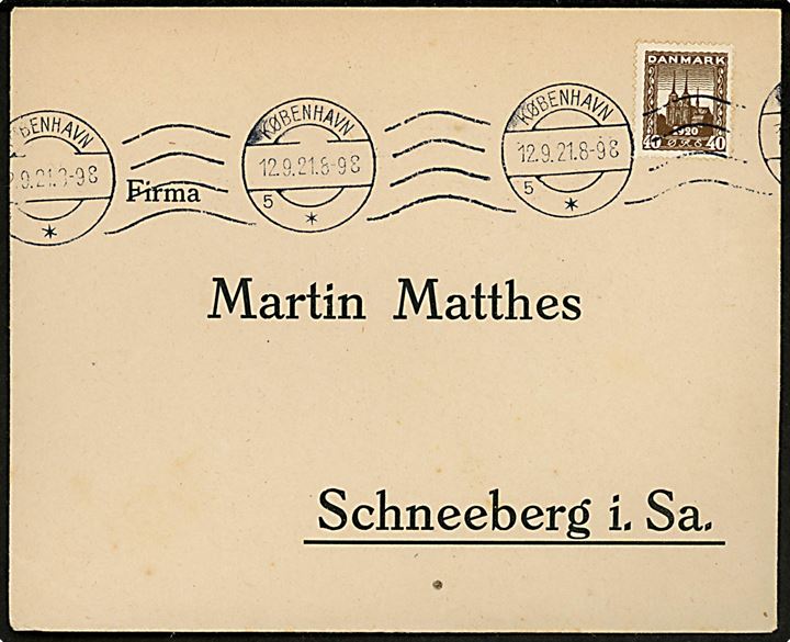 40 øre Genforening single på brev fra København d. 12.9.1921 til Schneeberg, Tyskland.