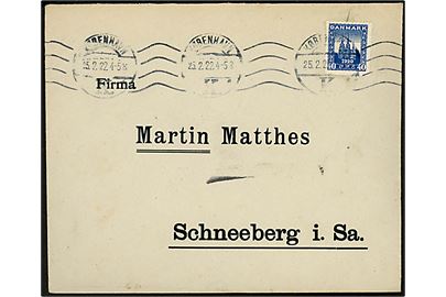 40 øre Genforening single på brev fra København d. 25.2.1922 til Schneeberg, Tyskland.