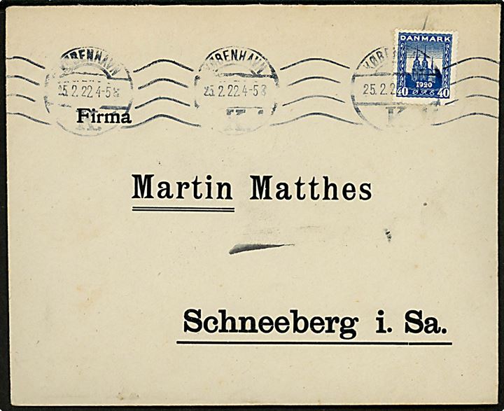 40 øre Genforening single på brev fra København d. 25.2.1922 til Schneeberg, Tyskland.