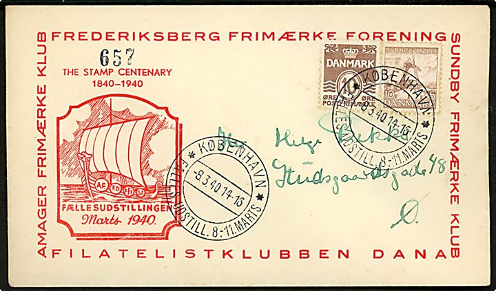 10 øre Bølgelinie og 10+5 øre Dybbøl Mølle på illustreret udstillingskuvert annulleret med særstempel København * Fæles Udstill. 8.-11. marts * d. 8.3.1940.