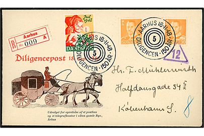 30 øre Fr. IX (2) og Julemærke 1948 på anbefalet Diligencepost brev annulleret med særstempel Aarhus 18-11-48 Diligencen 150 år til København.