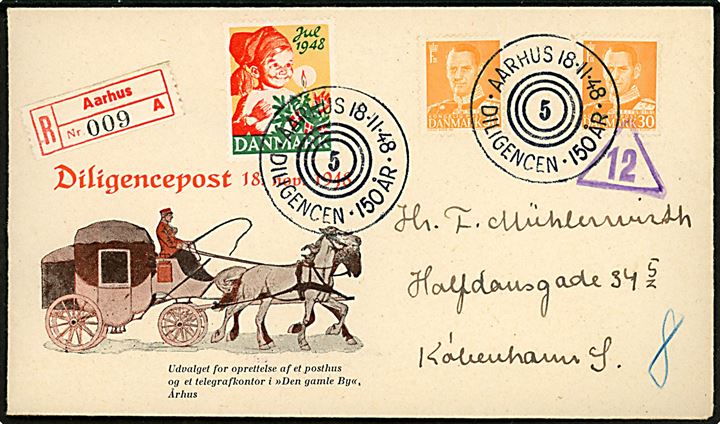 30 øre Fr. IX (2) og Julemærke 1948 på anbefalet Diligencepost brev annulleret med særstempel Aarhus 18-11-48 Diligencen 150 år til København.