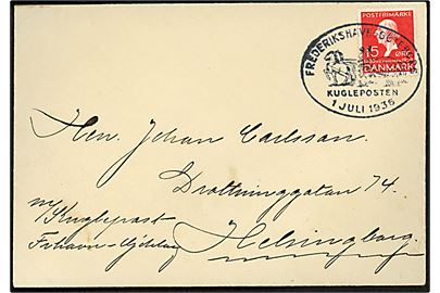 15 øre H. C. Andersen på brev annulleret med særstempel Frederikshavn - Göteborg Kugleposten 1.7.1936 til Helsingborg, Sverige.