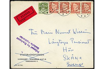 10 øre Bølgelinie og 30 øre Fr. IX (4) på ekspresbrev fra Gentofte d. 7.10.1955 til Höör, Sverige. Violet stempel: Indgaaet fra Brevkasse / Gentofte Postkontor. Lidt nusset i overkanten.