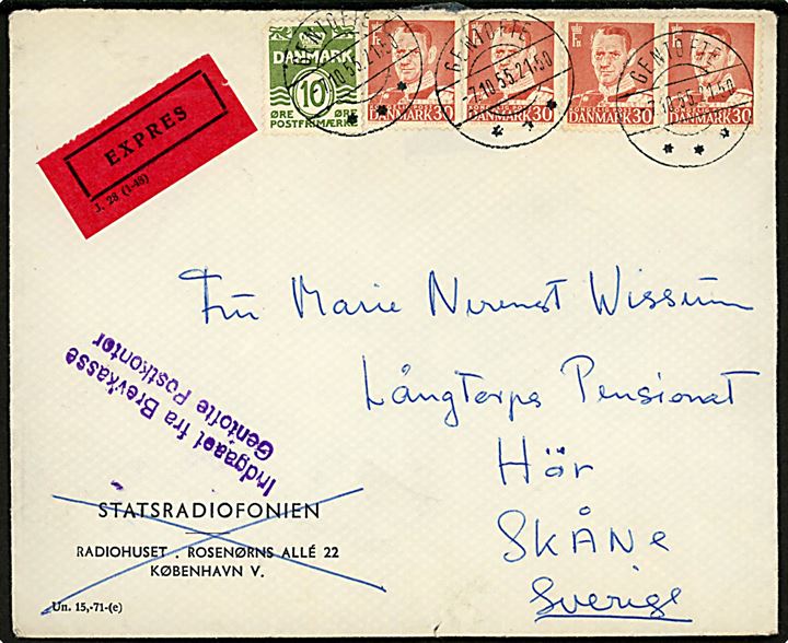 10 øre Bølgelinie og 30 øre Fr. IX (4) på ekspresbrev fra Gentofte d. 7.10.1955 til Höör, Sverige. Violet stempel: Indgaaet fra Brevkasse / Gentofte Postkontor. Lidt nusset i overkanten.