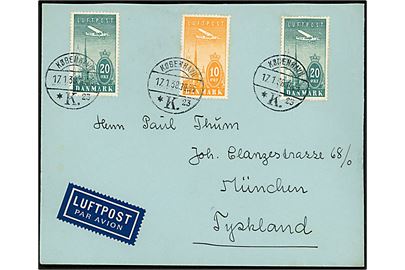 10 øre og 20 øre (2) Luftpost på luftpostbrev fra København d. 17.1.1938 til München, Tyskland.