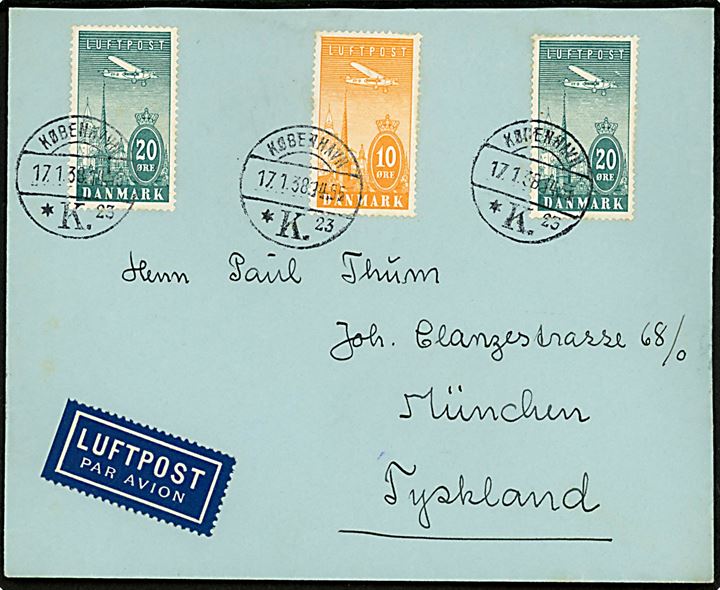 10 øre og 20 øre (2) Luftpost på luftpostbrev fra København d. 17.1.1938 til München, Tyskland.