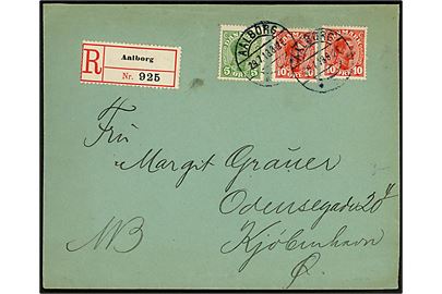 5 øre og 10 øre (2) Chr. X på anbefalet brev fra Aalborg d. 29.7.1918 til København.