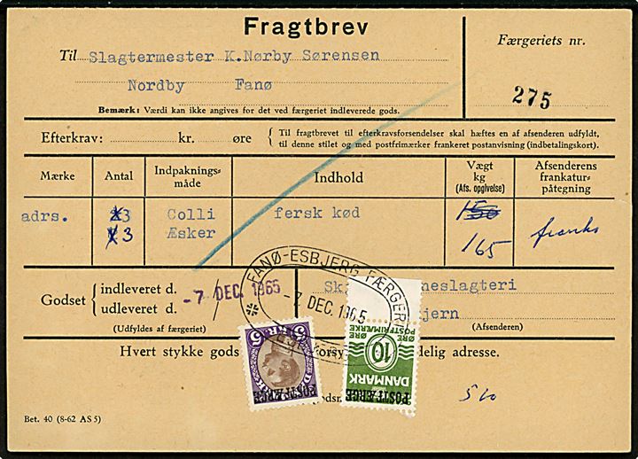 10 øre Bølgelinie og 5 kr. Chr. X Postfærgemærke på fragtbrev fra Esbjerg d. 7.12.1965 til Nordby, Fanø.