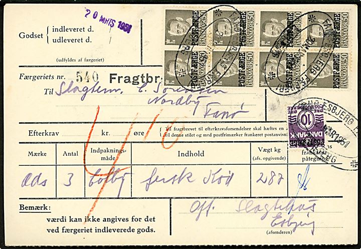 10 øre Bølgelinie og 50 øre Fr. IX (8-blok) Postfærgemærke på fragtbrev fra Esbjerg d. 20.3.1951 til Nordby, Fanø.