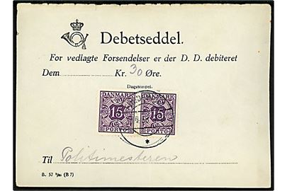 15 øre Portomærke i parstykke på Debetseddel formular B.57 9/35 (B7) stemplet Fredericia d. 30.4.1938.