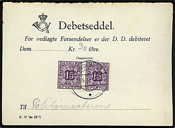 15 øre Portomærke i parstykke på Debetseddel formular B.57 9/35 (B7) stemplet Fredericia d. 30.4.1938.