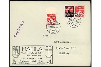2 øre Bølgelinie (3) hvoraf ene mærke er med privat tiltryk 1937 Filatelistklub på lokal tryksag i Nakskov d. 15.12.1937.