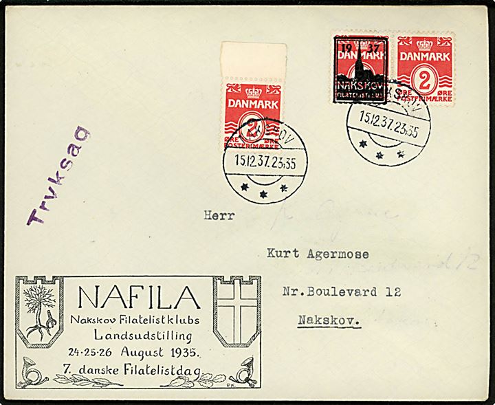 2 øre Bølgelinie (3) hvoraf ene mærke er med privat tiltryk 1937 Filatelistklub på lokal tryksag i Nakskov d. 15.12.1937.