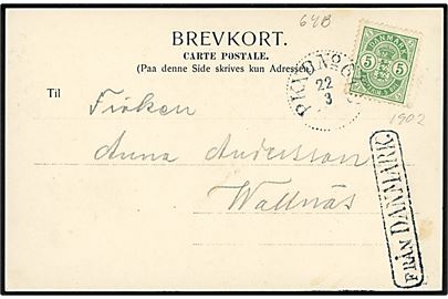5 øre Våben på brevkort fra Helsingør annulleret med svensk bureaustempel PKXP No. 64B (= Göteborg - Helsingborg) d. 22.3.1902 og sidestemplet Från Danmark til Wallnäs, Sverige.