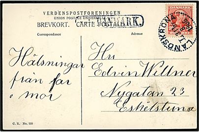 10 øre Chr. IX på brevkort (Kbh, Dr. Louises Bro med sporvogn) annulleret med svensk stempel i Landskrona d. 31.8.1906 og sidestemplet Från Danmark til Eskilstuna, Sverige.