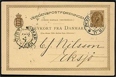 6 øre helsagsbrevkort fra København annulleret med svensk bureaustempel PKXP No. 2 A UTR. U. (= Nässjö-Malmö) d. 1.3.1884 til Eksjö, Sverige.