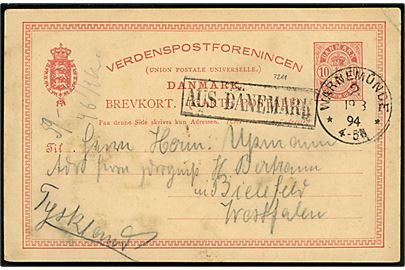 10 øre Våben helsagsbrevkort skrevet ombord på færgen König Christian annulleret med tysk stempel i Warnemünde d. 19.8.1894 og sidestemplet Aus Dänemark til Bielefeld, Tyskland. Lidt nusset.