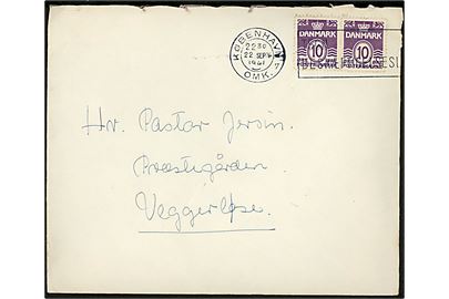 10 øre Bølgelinie i parstykke på brev annulleret med TMS København OMK.7 / Tegn Beskæftigelseslaan d. 22.9.1941 til Veggerløse.
