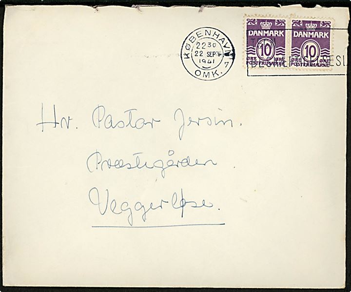 10 øre Bølgelinie i parstykke på brev annulleret med TMS København OMK.7 / Tegn Beskæftigelseslaan d. 22.9.1941 til Veggerløse.
