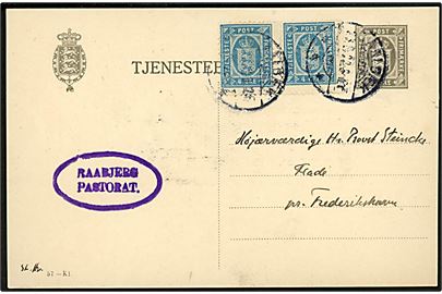 8 øre tjeneste-brevkort (fabr. 57-Kl.) opfrankeret med 4 øre Tjenestemærke i parstykke fra Raabjerg Præstegaard annulleret Aalbæk d. 25.9.1922 til Flade pr. Frederikshavn.