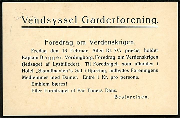 7/3 øre provisorisk helsagsbrevkort (fabr. 45-C) med meddelelse fra Vendsyssel Garderforening sendt som tryksag med brotype IIIb Hjørring *** d. 3.2.1920 til Flade pr. Frederikshavn.
