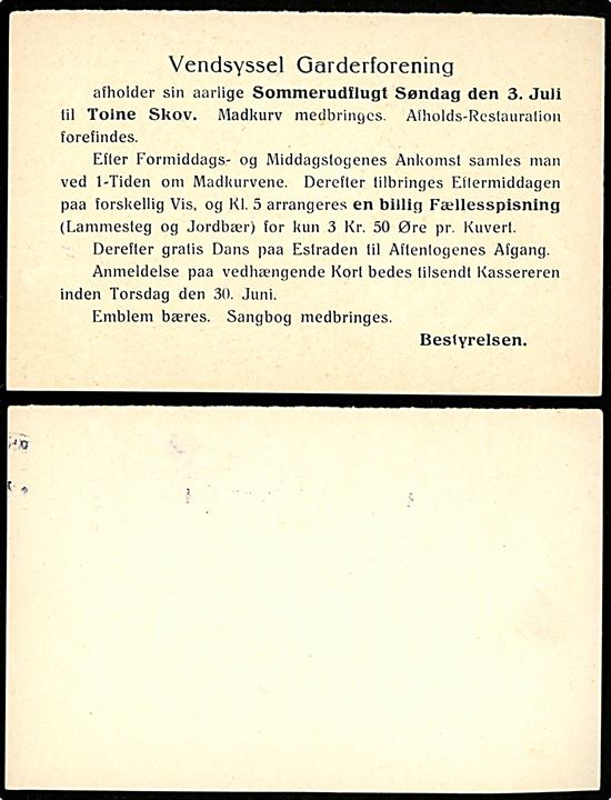 5/3 øre + 3 øre provisorisk dobbelt helsagsbrevkort opfrankeret med 2 øre Bølgelinie fra Vensyssel Garderforening i Hjørring d. 24.6.1921 til Flade pr. Frederikshavn. Vedfølger ubenyttet (men adskilt) svarkort.