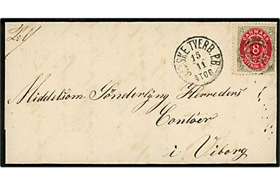 8 øre Tofarvet på brev med indhold dateret i Helstrup d. 14.11.1875 annulleret med nr.stempel 215 og sidestemplet lapidar Jydske Tverb.P.B. d. 15.11.1875 til Middelsom Sønderlyng Herreders kontor i Viborg.