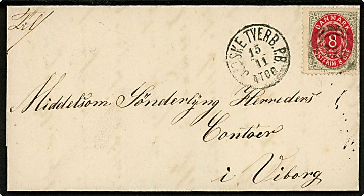 8 øre Tofarvet på brev med indhold dateret i Helstrup d. 14.11.1875 annulleret med nr.stempel 215 og sidestemplet lapidar Jydske Tverb.P.B. d. 15.11.1875 til Middelsom Sønderlyng Herreders kontor i Viborg.