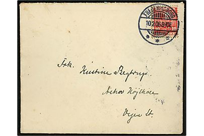 10 øre Chr. IX på brev annulleret brotype Ia Frederiksborg d. 10.2.1906 til Askov pr. Vejen. På bagsiden sent anvendt lapidar Vejen d. 11.2.1906 anvendt som ank.stempel.