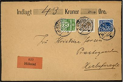 10 øre Bølgelinie, 20 øre og 40 øre Chr. X på 70 øre frankeret værdibrev fra Hillerød d. 29.4.1924 til Herlufmagle.