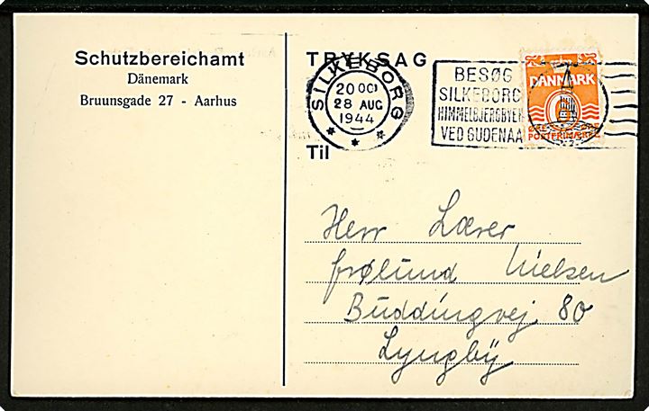 6 øre Bølgelinie på tryksagskort fra det tyske Schutzbereischamt Dänemark i Aarhus annulleret Silkeborg d. 28.8.1944 til Lyngby. Meddelelse om at erstatning er udbetalt til Ribe Stiftsamt.