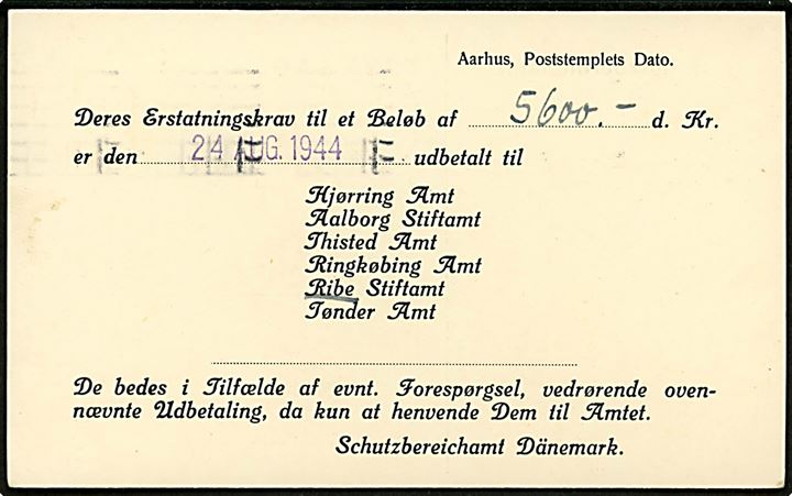 6 øre Bølgelinie på tryksagskort fra det tyske Schutzbereischamt Dänemark i Aarhus annulleret Silkeborg d. 28.8.1944 til Lyngby. Meddelelse om at erstatning er udbetalt til Ribe Stiftsamt.