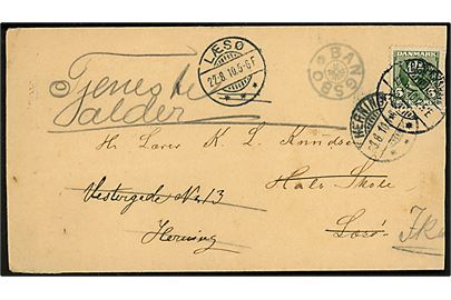 5 øre Fr. VIII på brev fra Horns Herred i Frederikshavn d. 19.8.1910 til Hals Skole, Læsø - eftersendt til Herning og siden Ikast med stjernestempel BANGSBO og sidestempel Læsø d. 22.8.1910. Kuvert afkortet i højre side.