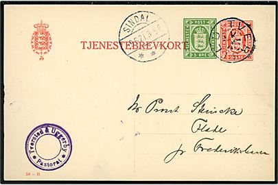 10 øre + 5 øre provisorisk tjenestebrevkort (fabr. 56-H) - med klichefejl T i POST - annulleret med stjernestempel TVERSTED og sidestemplet Sindal d. 9.6.1921 til Flade pr. Frederikshavn.